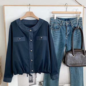 샵앤) 여성 노카라 데님 배색 데일리 긴팔 자켓 DGB-WJP-4776-네이비
