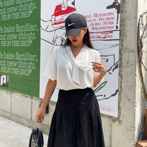 샵앤) 국산 여성 타이카라 셔링 반팔 정장 블라우스 MCR-WBL-4680-민트