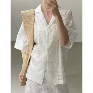 [위시드]펀칭 레이스 디테일 카라 반팔 자켓 (WICAJK008)