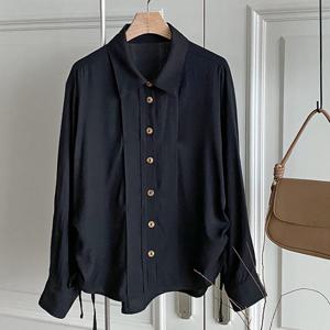 샵앤) 여성 카라넥 앞핀턱 사이드 리본 긴팔 셔츠 블라우스 DGB-WBL-4744-블랙