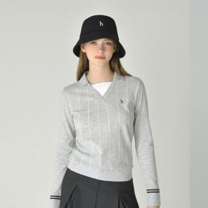 [헤지스골프][NEW]그레이 여성 핀스트라이프 오픈 카라 니트 (HWSW5C615G1)