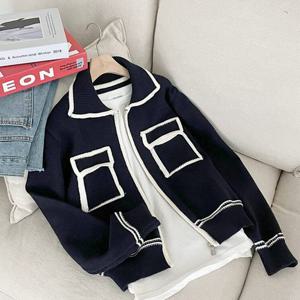 [샵앤]라인 여성 집업 카라넥 봄 간절기 데일리 긴팔 니트 점퍼 가디건 BONG-WCD-2838-네이비