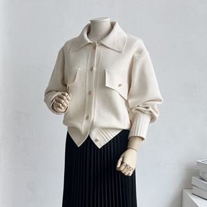 [샵앤]핀턱립 여성 카라넥 오픈 봄 간절기 아우터 데일리 긴팔 니트 가디건 점퍼 BONG-WCD-2878-연베이지