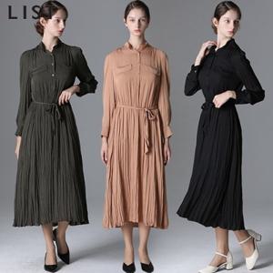 [리스트]볼륨 슬리브 도트 벨티드 원피스