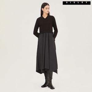 [시슬리] 카라 풀오버 우븐 패치 니트 원피스 SAKO01311_BK