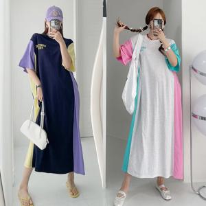 [허밍퍼플] 여성용 7008-GE 프롬 롱 원피스 빅사이즈 캐주얼 레터링 영문 배색 컬러감 좋은 여성의류