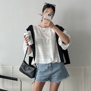 샵앤) 여성 시스루 펀칭 여리핏 데일리 7부 블라우스 CAT-WBL-4239-블랙