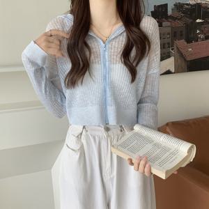 샵앤) 여성 레이어드 크롭 시스루 후드 집업 가디건 CHA-WCD-20364-스카이블루