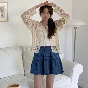 샵앤) 국산 여성 리본 오픈 망사 레이어드 긴팔 니트 가디건 JLE-WCD-4543-베이지