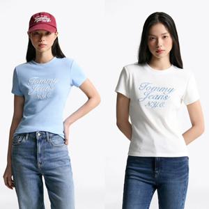 [타미진] 2종 택1 여성 슬림 핏 T32F6TTO14TWT1 와플 자수 티셔츠 여자 기본 라운드 레터링 반팔 SC