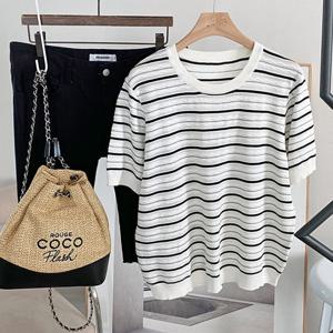 샵앤) 여성 라운드 배색 단가라 반팔 니트 티셔츠 JR-WKN-4529-아이보리