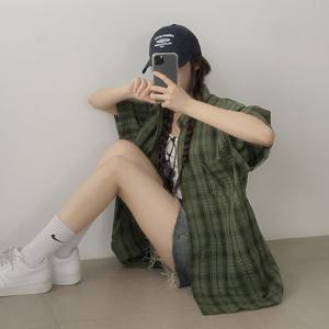 [라이니]체크 오버핏 린넨 여름 반팔셔츠 to-2585c