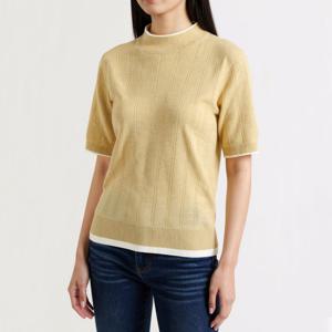 샵앤) 여성 반목 배색 간절기 두줄 반팔 니트 티셔츠 BOM-WKN-20785-머스타드