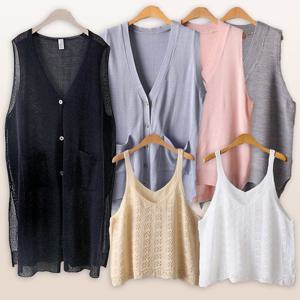 [나야홍]여성큰옷 빅사이즈  니트 스카시 조끼 롱 베스트 브이넥 봄 여름 중년 미시 엄마