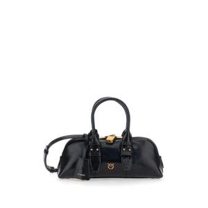 PINKO Bowling Bag Horizontal Black Handbag with Padlock Detail and Love Birds Logo on the Front in Leather Woman 105334A2VWZ99Q