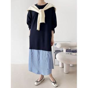 [샵앤]국산 여성 라운드 밑단 줄배색 박스 롱원피스 ARA-WDR-4948-네이비