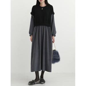 [시크루즈]서딜 겉기모 코듀로이 배색 레이어드 원피스_BDOP173