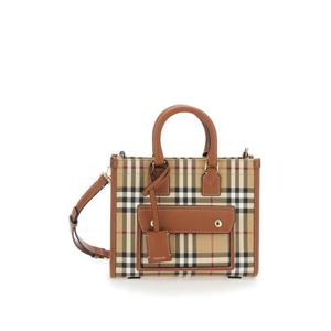 BURBERRY Freya Mini Beige Handbag with All Over Check Motif and Hanging Tag with Logo in Fabric Woman 8109793A9534