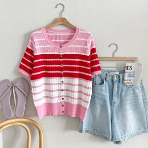 샵앤) 꽈배기 여성 여름 반팔 니트 가디건 BONG-WCD-3432-핑크