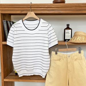 샵앤) 여성 라운드 펀칭 여름 반팔 니트 티 JR-WKN-3385-네이비