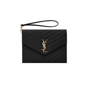 생로랑 퀼티드 그랑 드 뿌드르 엠보스 레더 카산드라 마틀라세 플랩 파우치 블랙 617662-BOW01-1000