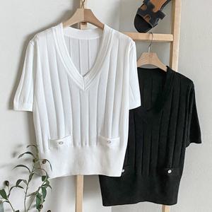 샵앤) 여성 V넥 긴기장 레이어드 앞단추 포인트 왕골 반팔 니트티 BONG-WKN-4497-아이보리