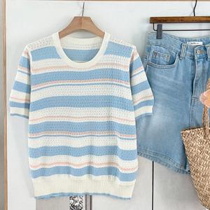 샵앤) 여성 라운드넥 부드러운 비스코스 단가라 여름 니트티 BONG-WKN-4499-블루