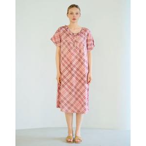 닥스 여성 25SS 핑크 체크 셔링 장식 풍기 인견 반소매 원피스 파자마 DLUN5B292P2
