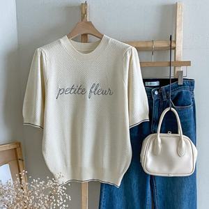 샵앤) 여성 라운드넥 퍼프소매 영문 자수 반팔 니트티 BONG-WKN-4705-아이보리