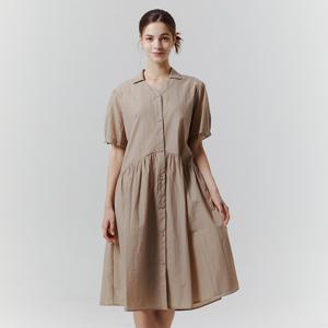 샵앤) 여성 슬릿 카라넥 앞단추 허리셔링 퍼프 여름 미디 원피스 CL-WOP0333