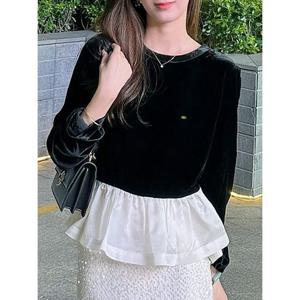 [예쎄][예쎄] 벨벳 라운드넥 배색 페플럼 블라우스 (S5SBL410A)