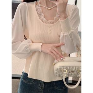 [예쎄][예쎄] 레이스 끈장식 U넥 니트 블라우스 (S5SBL032A)