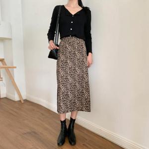 [다잇템]여성 호피 옆슬릿 패턴 롱스커트