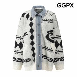 [GGPX] 데님 카라 배색 패턴 짜임 가디건 (GPBKG035F)