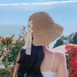 여성 예쁜 레이스 리본 포인트 휴양지 밀집 라피아햇