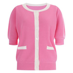 샵앤) 배색 여성 린넨 반팔 니트 가디건 FRB-WCD-11972-핑크