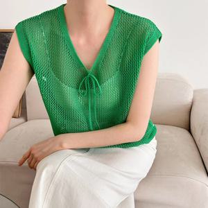 샵앤) 리본 크로셰 국산 여성 니트 조끼 21DS-WVS-3426-그린