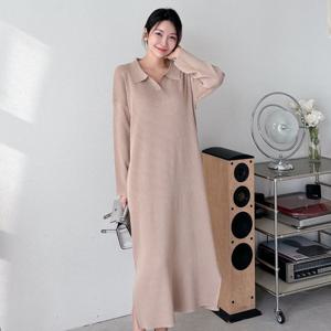 샵앤) 여성 박시 옆트임 카라 롱 원피스 ARA-WDR-3863-진베이지