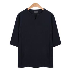 반팔티 포인트 라운드 카라 네이비 7부 티셔츠 CMT012