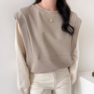 샵앤) 여성 라운드넥 밑단스트링 믹스 블라우스 티셔츠 21DS-WSH-4150-베이지