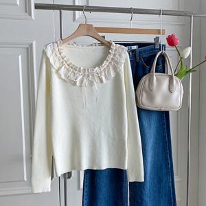 샵앤) 봄신상 여성 레이스 리본 라운드넥 골지 니트 티셔츠 JR-WKN-4081-아이보리