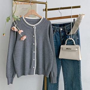 샵앤) 여성 라운드 진주단추 레이스 간절기 니트 가디건 BONG-WCD-4111-그레이