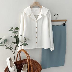 샵앤) 국산 여성 카라V넥 정장 오피스룩 뒷둥근 카라 블라우스N REI-WBL-4133-아이보리