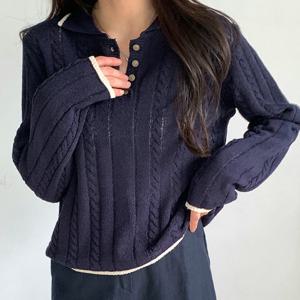 샵앤) 국산 여성 카라넥 반오픈 단추 꽈배기 니트 티셔츠 21DS-WKN-4297-소라