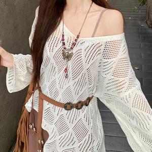 샵앤) 여성 루즈핏 그물 망사 레이어드 니트 티셔츠 21DS-WKN-4389-화이트