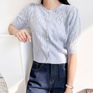 퍼프소매 반팔 펀칭 니트 가디건 슬림핏 크롭기장