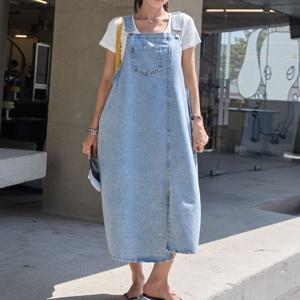 [나크21] 언발 앞트임 롱 데님 멜빵 원피스 NK51-OI-1