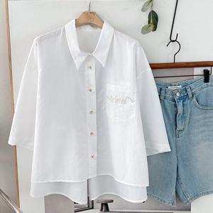 샵앤) 여성 카라넥 스티치 5부 루즈핏 언발 여름 블라우스 DGB-WBL-4464-아이보리