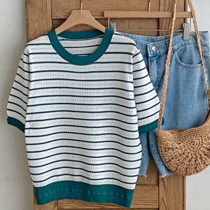 샵앤) 여성 배색 라운드넥 투패턴 줄무늬 반팔 니트 티셔츠 DGB-WKN-4556-그린