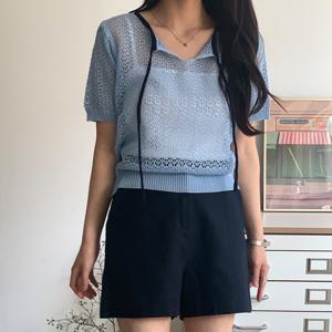 샵앤) 국산 여성 리본 라운드 펀칭 뜨개 반팔 니트 티셔츠 21DS-WKN-4613-연두